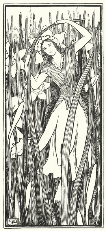 Daffy-down-dilly przybył do miasta, w żółtej halce i zielonej sukni (grawerunek) autorstwa Leonard Leslie Brooke