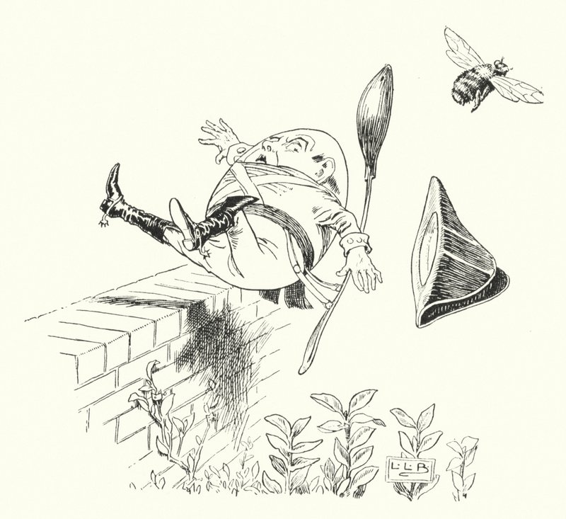Humpty Dumpty siedział na ścianie (grawerunek) autorstwa Leonard Leslie Brooke