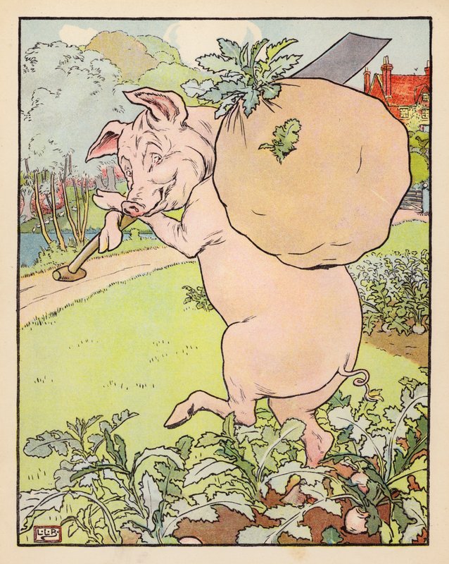 Ilustracja do filmu "Trzy małe świnki" (kolorowa litografia) autorstwa Leonard Leslie Brooke