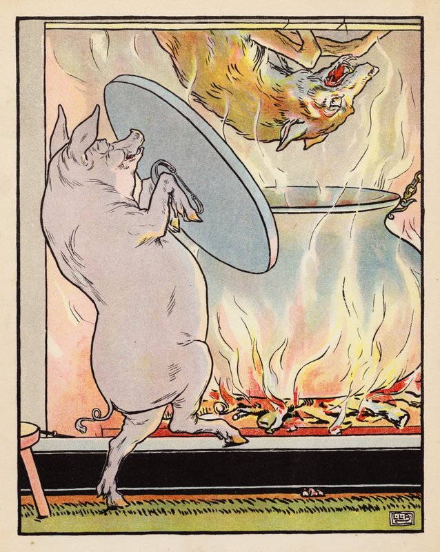 Ilustracja do filmu "Trzy małe świnki" (kolorowa litografia) autorstwa Leonard Leslie Brooke