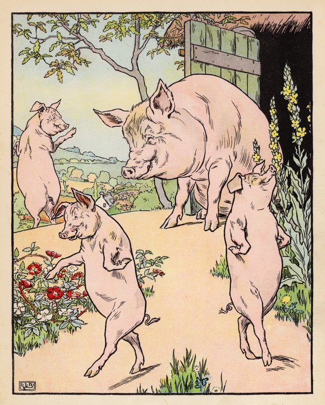 Ilustracja do filmu "Trzy małe świnki" (kolorowa litografia) autorstwa Leonard Leslie Brooke