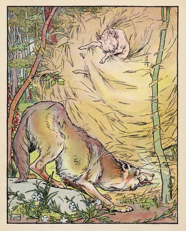 Ilustracja do filmu "Trzy małe świnki" (kolorowa litografia) autorstwa Leonard Leslie Brooke