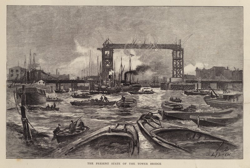 Tower Bridge w budowie, Londyn autorstwa Leonard Patten