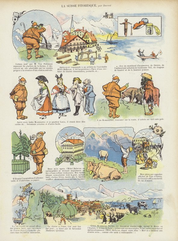 Malownicza Szwajcaria. Ilustracja do Le Rire autorstwa Leonce Burret