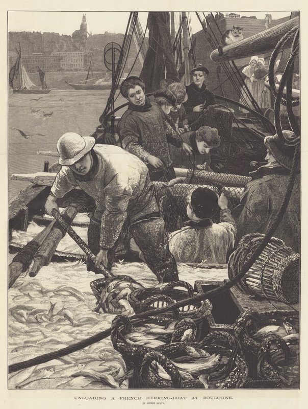 Rozładunek francuskiej łodzi śledziowej w Boulogne autorstwa Lionel Percy Smythe