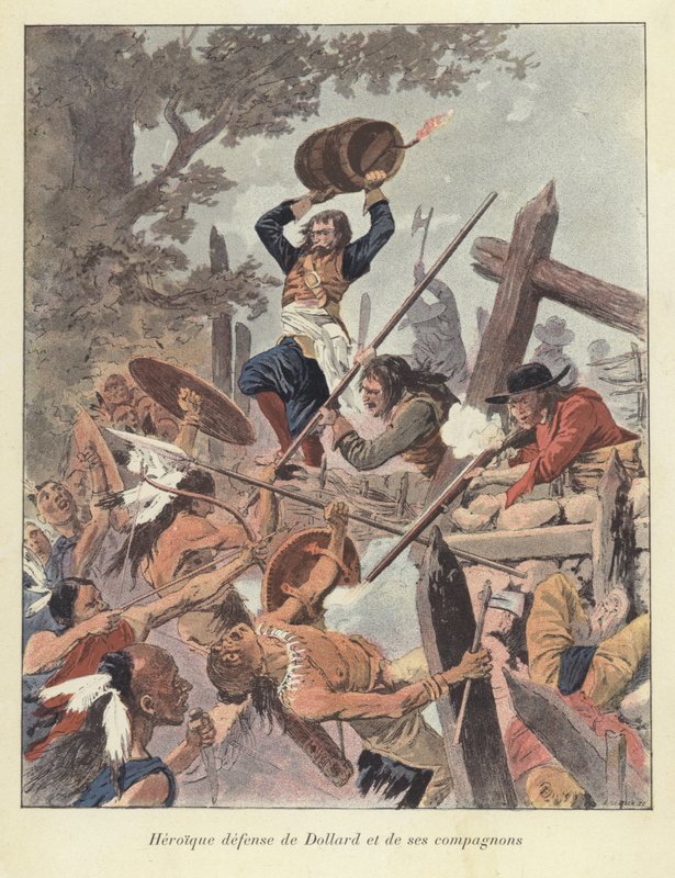Adam Dollard i jego towarzysze walczący z Irokezami w bitwie pod Long Sault, Kanada, 1660 autorstwa Louis Charles Bombled