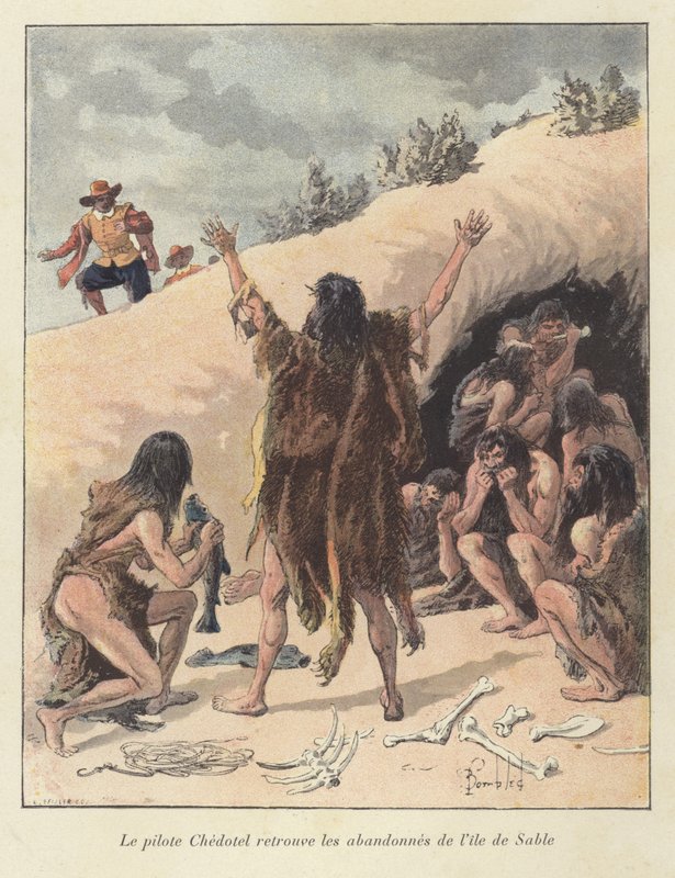 Pilot Chedotel odnajduje ocalałych członków francuskiej kolonii na wyspie Ile de Sable w Kanadzie, ok. 1600 r. autorstwa Louis Charles Bombled