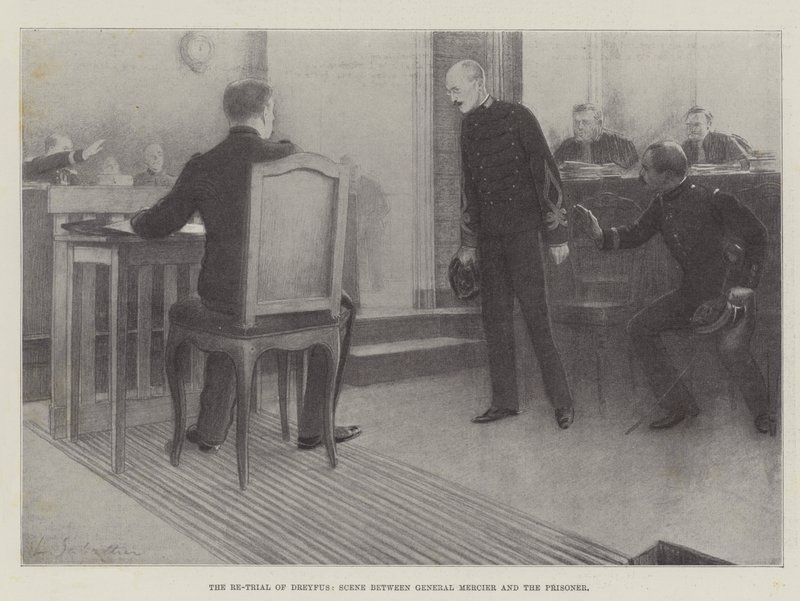 Ponowny proces Dreyfusa, scena między generałem Mercier a więźniem autorstwa Louis Remy Sabattier