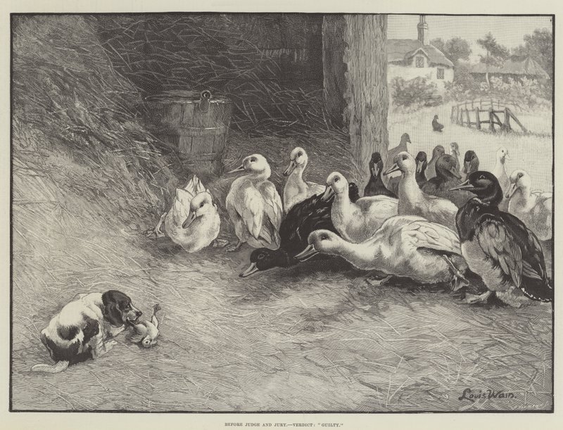 Przed sędzią i ławą przysięgłych, werdykt, winny autorstwa Louis Wain