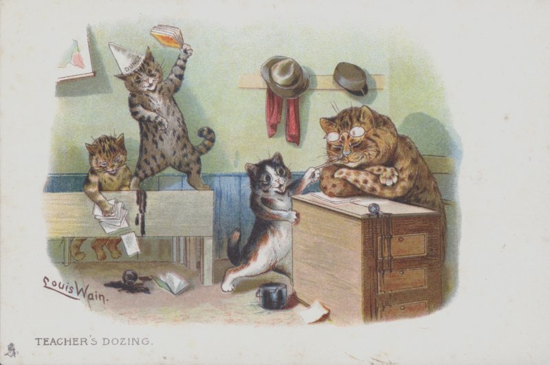 Koty w klasie: nauczyciel drzemie, więc uczniowie źle się zachowują (chromolitho) autorstwa Louis (after) Wain