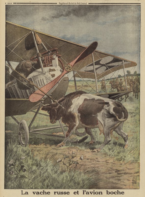 Krowa uniemożliwiająca start niemieckiemu samolotowi, Łuck, Rosja, I wojna światowa autorstwa Louis Charles (after) Bombled
