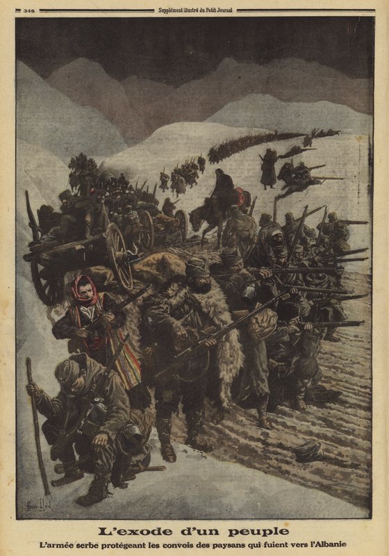 Exodus ludu: armia serbska chroniąca kolumnę chłopów uciekających do Albanii, I wojna światowa autorstwa Louis Charles (after) Bombled