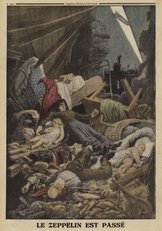 Rodzina zabita w nalocie bombowym niemieckiego Zeppelina, I wojna światowa, 1916 (kolor lito) autorstwa Louis Charles (after) Bombled