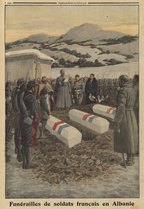 Pogrzeb żołnierzy francuskich, którzy zginęli w Albanii podczas odwrotu z Serbii, I wojna światowa autorstwa Louis Charles (after) Bombled