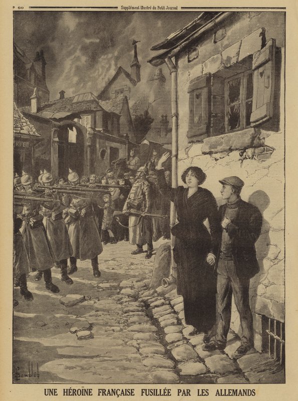 Niemieckie zbrodnie wojenne: młoda kobieta zastrzelona przez pluton egzekucyjny we francuskiej wiosce, I wojna światowa autorstwa Louis Charles (after) Bombled