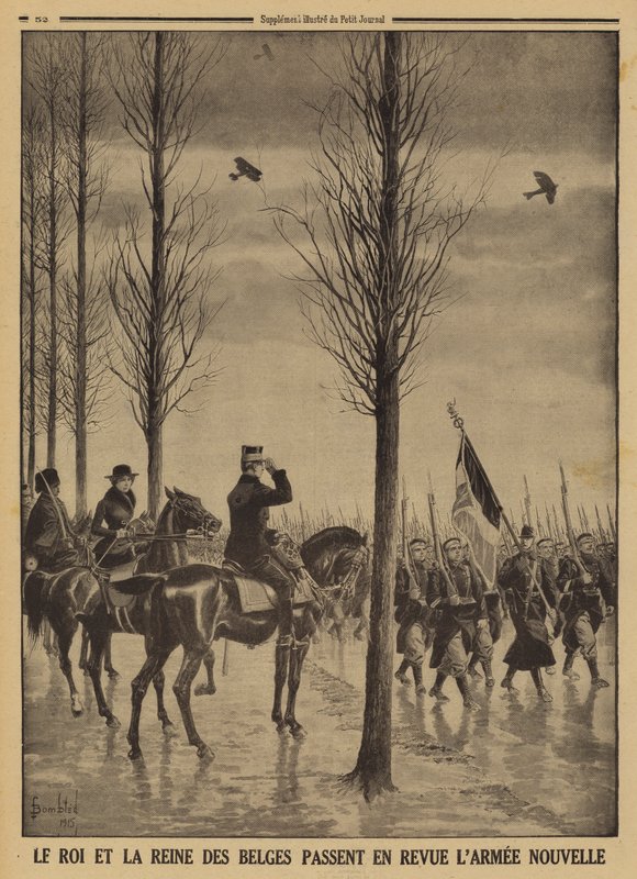 Król Albert I i królowa Elżbieta Belgów przegląd ich nowej armii, I wojny światowej autorstwa Louis Charles (after) Bombled