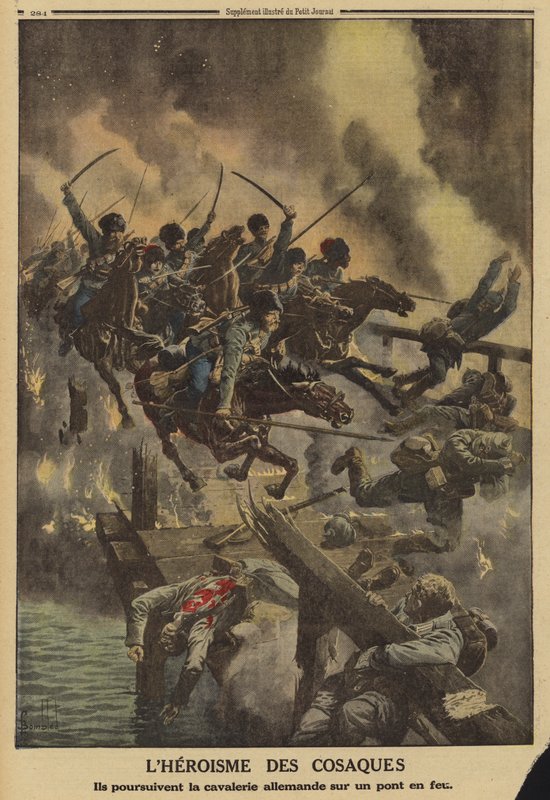 Rosyjscy Kozacy ścigający niemiecką kawalerię przez płonący most nad rzeką Strypą, I wojna światowa autorstwa Louis Charles (after) Bombled