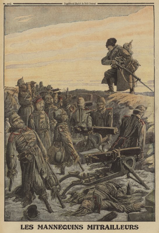 Żołnierz rosyjski odkrywa niemiecki rów z karabinami maszynowymi obsadzonymi przez atrapy żołnierzy; Pierwsza Wojna Swiatowa autorstwa Louis Charles (after) Bombled