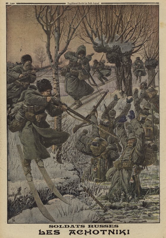 Rosyjscy żołnierze na nartach chwytają grupę Niemców, I wojna światowa autorstwa Louis Charles (after) Bombled