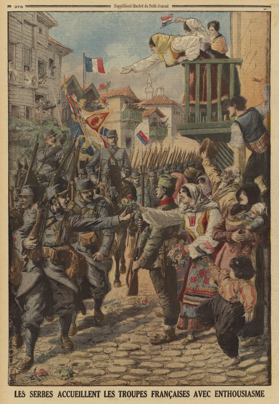 Serbscy cywile entuzjastycznie witają przybycie wojsk francuskich, I wojna światowa autorstwa Louis Charles (after) Bombled