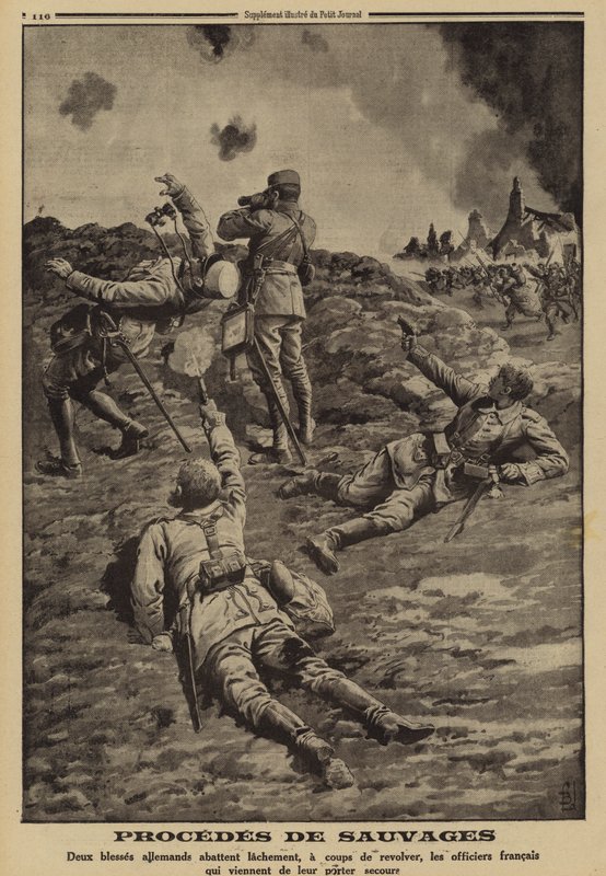 Dwóch rannych żołnierzy niemieckich strzelających do francuskich oficerów, którzy pomogli im schronić się na tyłach, I wojna światowa autorstwa Louis Charles (after) Bombled