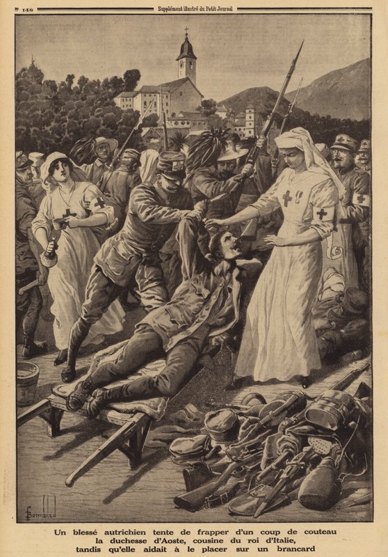 Ranny żołnierz austriacki próbujący dźgnąć księżną Aosty, kuzynkę króla Wiktora Emanuela III Włoch, pracującą jako pielęgniarka-wolontariuszka i próbująca pomóc mu na noszach, I wojna światowa autorstwa Louis Charles (after) Bombled