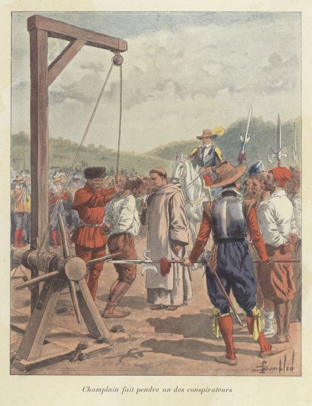Samuel de Champlain powieszenie konspiratora, Kanada, XVII wiek autorstwa Louis Charles Bombled