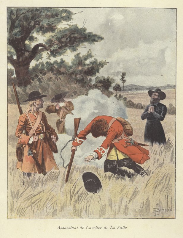 Zabójstwo Rene-Robert Cavelier de la Salle, 1687 autorstwa Louis Charles Bombled