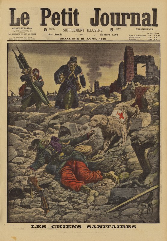 Wykorzystywanie psów ratowniczych do poszukiwania rannych, Francja, I wojna światowa, 1915 autorstwa Louis Charles Bombled