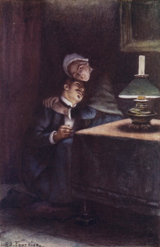 Z ciężką, wełnistą głową na jej kolanie, pamiętał szczęśliwe wieczory swojego dzieciństwa autorstwa Louis Edouard Paul Fournier