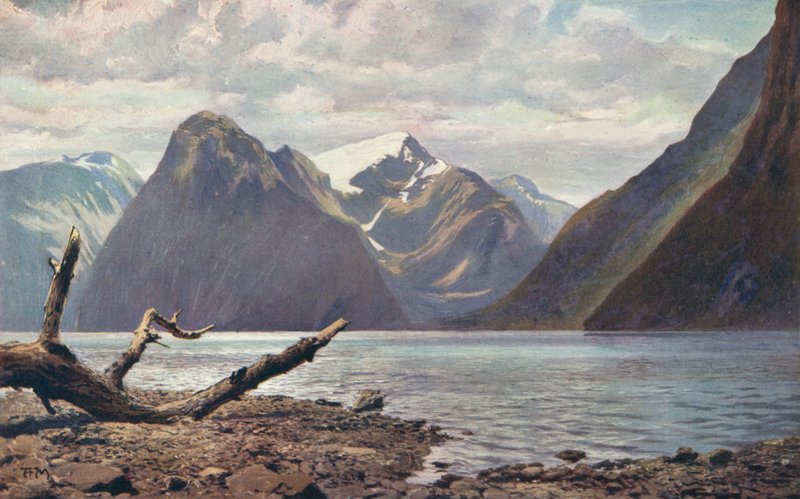 Scena na Milford Sound, Nowa Zelandia (kolorowe zdjęcie) autorstwa Louis Fairfax Muckley