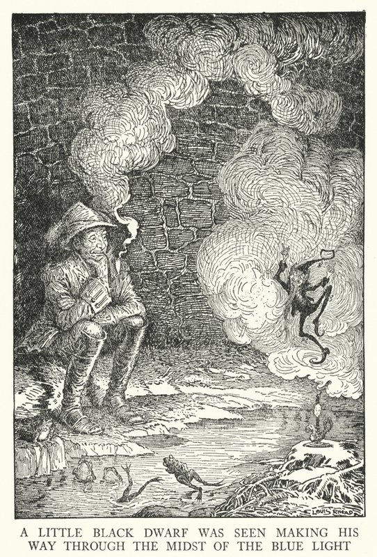 Widziano małego czarnego karła przedzierającego się przez środek niebieskiego światła (lito) autorstwa Louis John Rhead