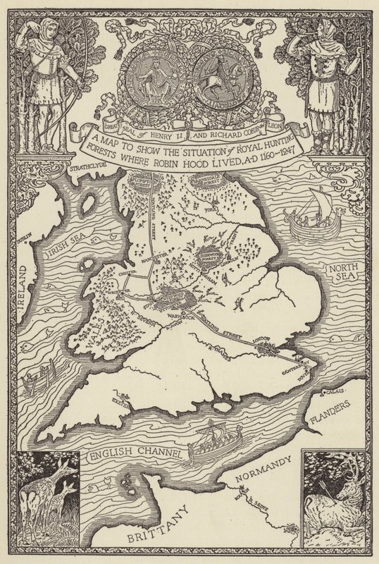 Mapa pokazująca sytuację w Królewskich Lasach Myśliwskich, w których żył Robin Hood, AD 1160-1247 autorstwa Louis John Rhead
