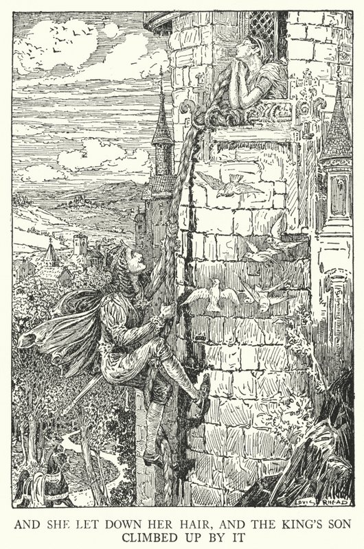 I rozpuściła włosy, a syn króla wspiął się po nich (lito) autorstwa Louis John Rhead
