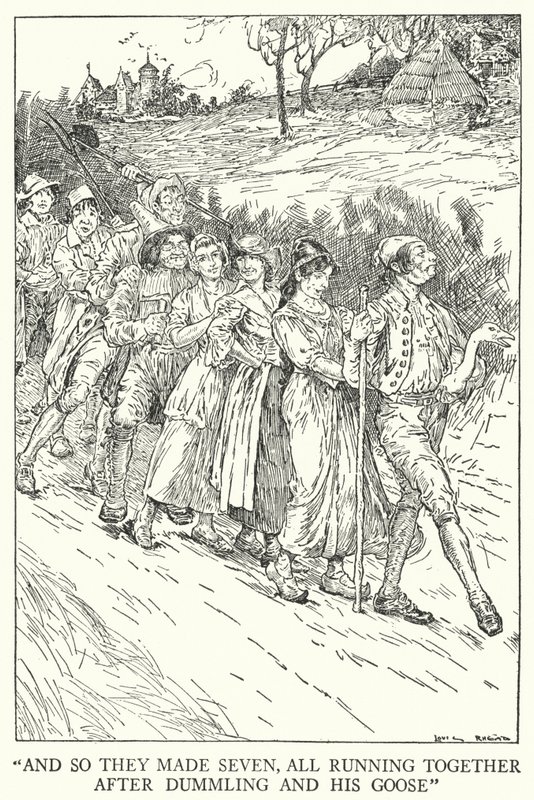 „I tak zrobili siedem, wszyscy biegną razem za Dummlingiem i jego gęś” (lito) autorstwa Louis John Rhead
