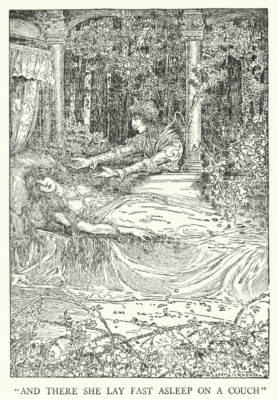„I tam leżała twardo spała na kanapie” (lito) autorstwa Louis John Rhead