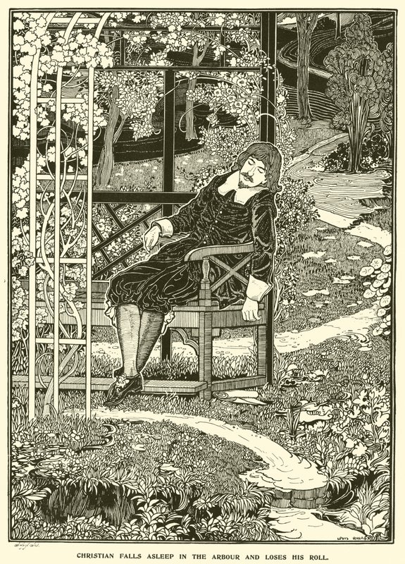 Christian zasypia w altanie i gubi rolkę (grawerunek) autorstwa Louis John Rhead