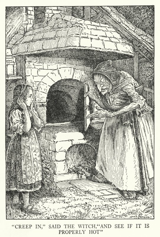 „Wpełznij”, powiedziała wiedźma, „I zobacz, czy jest odpowiednio gorąco” (lito) autorstwa Louis John Rhead