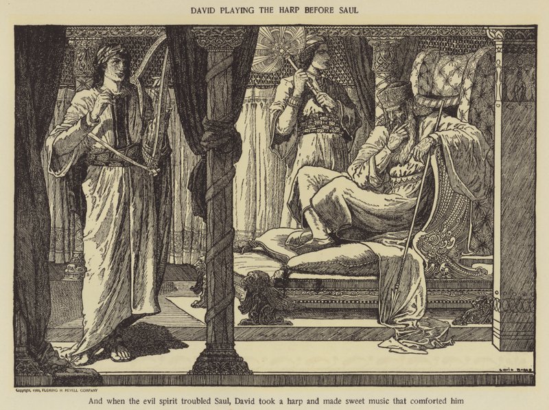 Dawid grający na harfie przed Saulem autorstwa Louis John Rhead