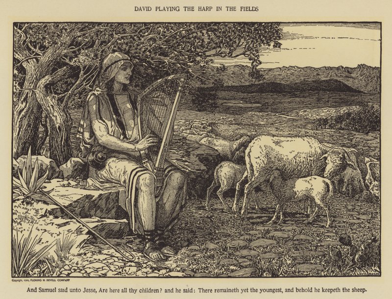 Dawid grający na harfie na polach autorstwa Louis John Rhead