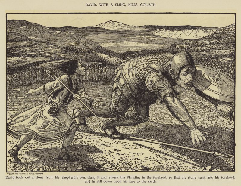 Dawid procą zabija Goliata autorstwa Louis John Rhead