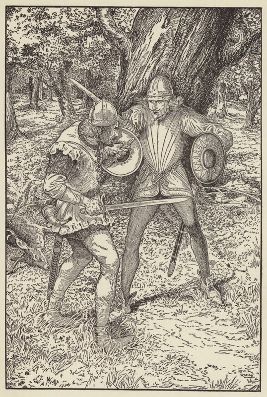Boże-na-miłosierdzie, dobry człowieku, rzekł Robin, Chętnie bym znał twoje imię… autorstwa Louis John Rhead