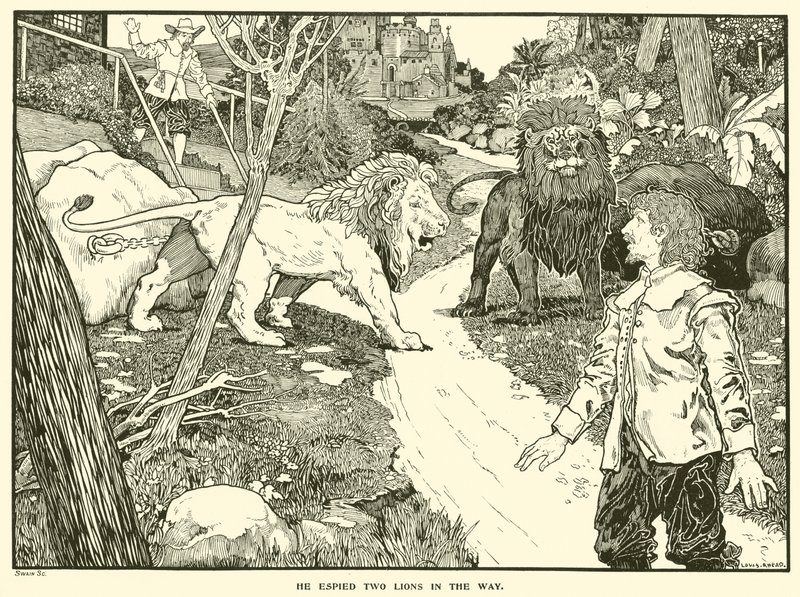 Wypatrzył dwa lwy na drodze (rycina) autorstwa Louis John Rhead