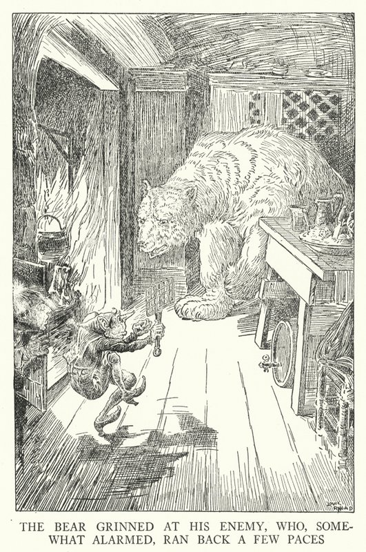 Niedźwiedź uśmiechnął się do wroga, który nieco zaniepokojony cofnął się o kilka kroków (lito) autorstwa Louis John Rhead