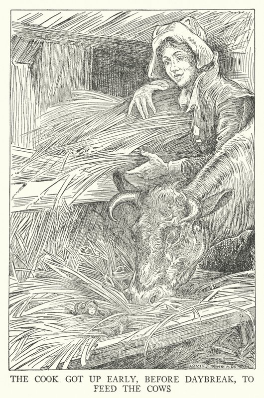 Kucharz wstawał wcześnie, przed świtem, aby nakarmić krowy (litho) autorstwa Louis John Rhead