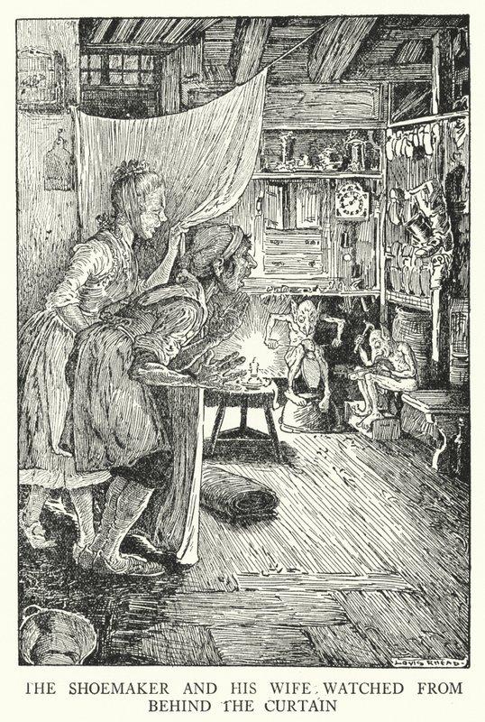 Szewc i jego żona przyglądali się zza zasłony (lito) autorstwa Louis John Rhead