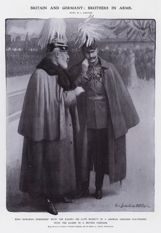 Król Edward VII przebrany za pułkownika pruskich dragonów i cesarz Wilhelm II przebrany za brytyjskiego feldmarszałka (lito) autorstwa Louis Remy Sabattier