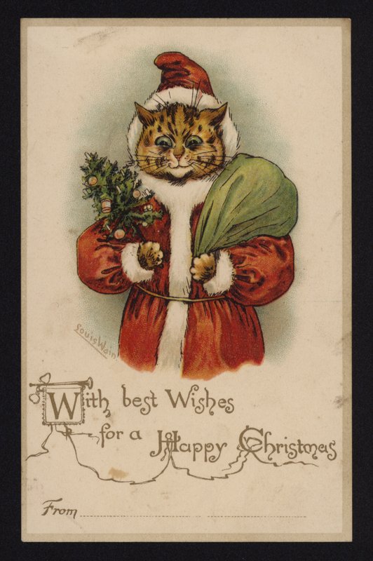 Kot jako Święty Mikołaj, kartka z życzeniami bożonarodzeniowymi (chromolitho) autorstwa Louis Wain