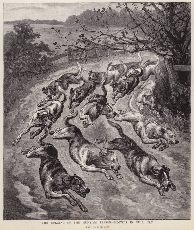 Ogary w pełnym płaczu na początku sezonu łowieckiego (lito) autorstwa Louis Wain