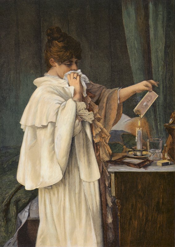 "All Over", Dziewczyna pali portret swojego kochanka po zakończeniu ich romansu (kolorowa litografia) autorstwa Louise Max Ehrler